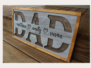 Personalized "DAD" Carved Wooden Sign - Custom with Children's Names