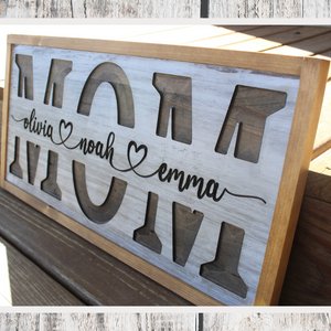 Personalized "MOM" Carved Wooden Sign - Custom with Children's Names
