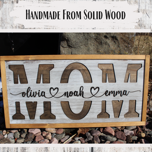 Personalized "MOM" Carved Wooden Sign - Custom with Children's Names