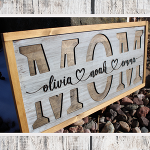 Personalized "MOM" Carved Wooden Sign - Custom with Children's Names