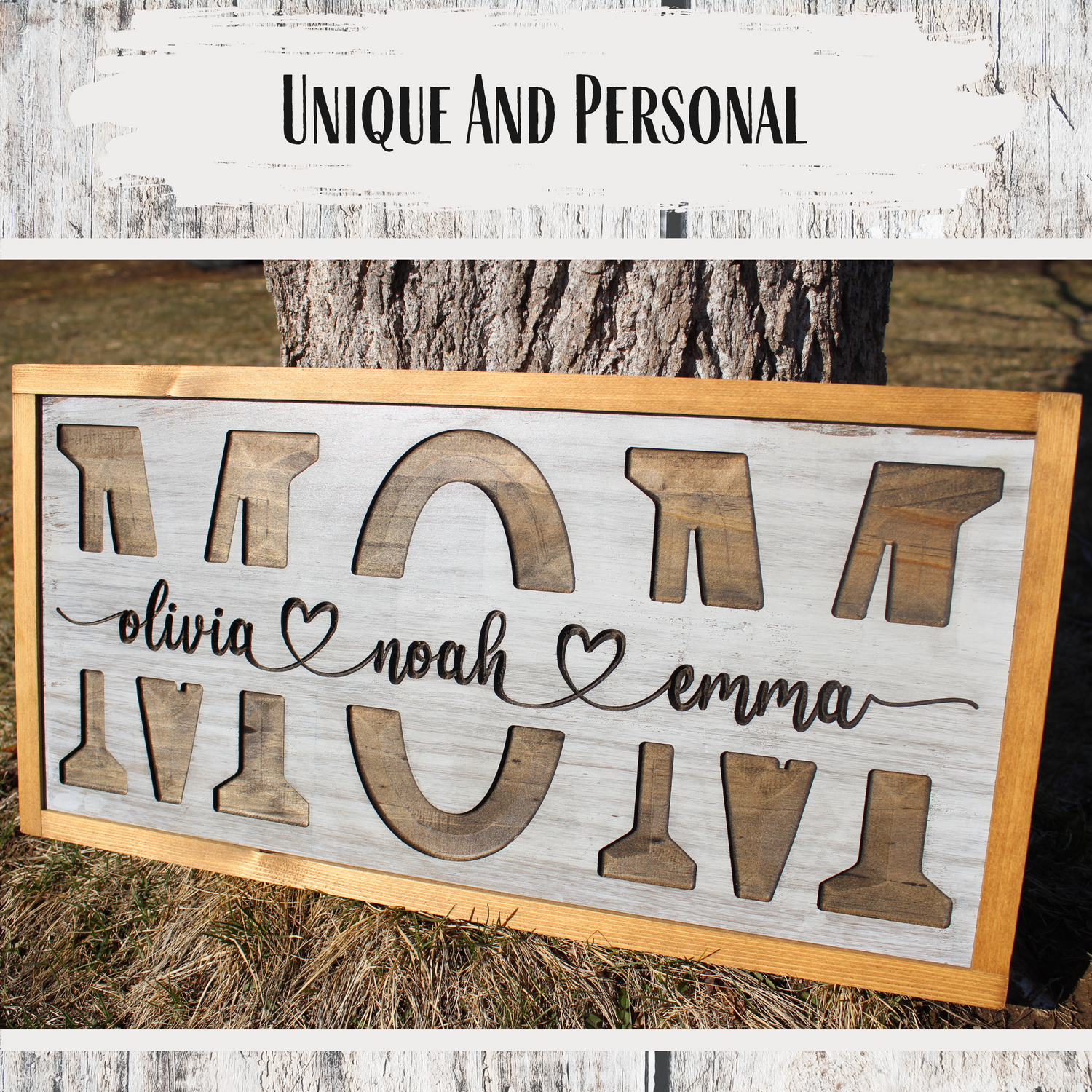 Personalized "MOM" Carved Wooden Sign - Custom with Children's Names