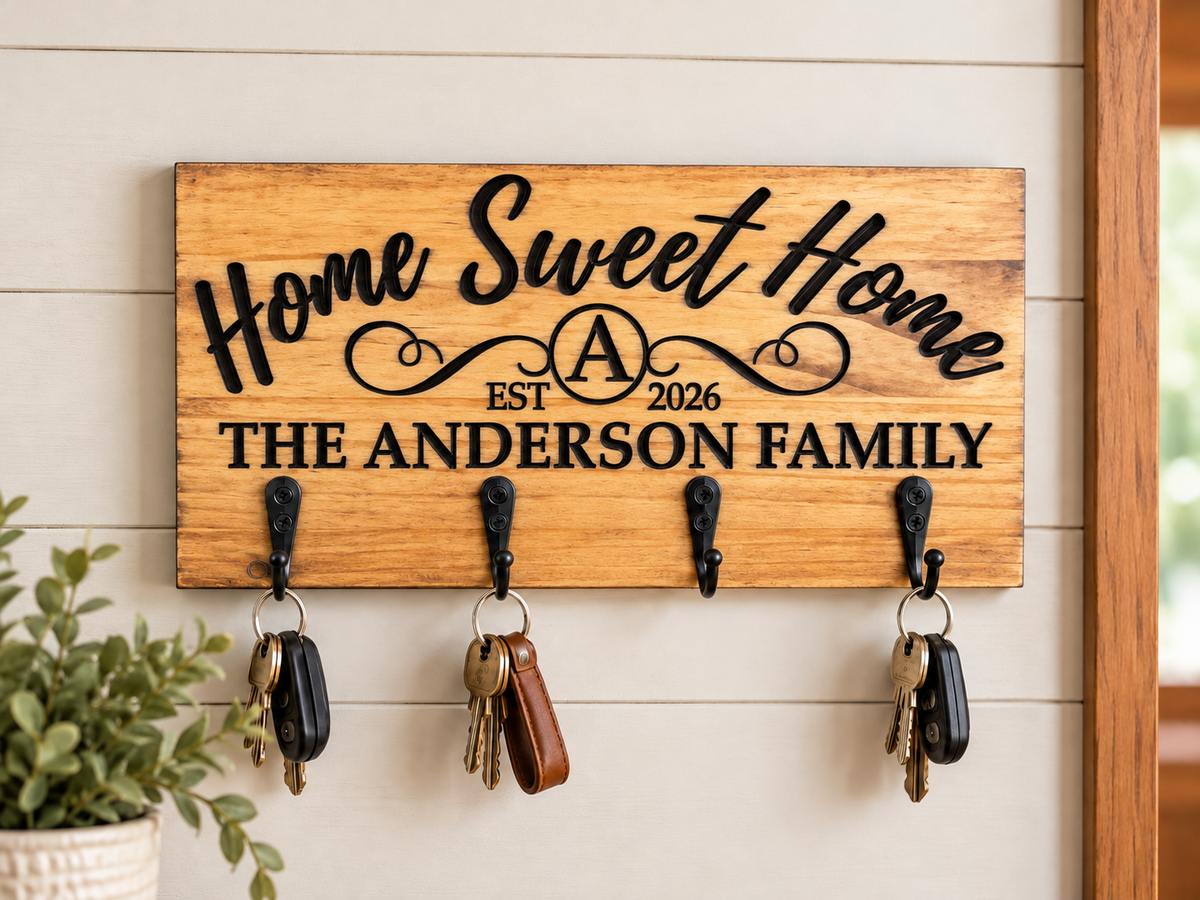 Personalized light pine key holder with family monogram and four black hooks