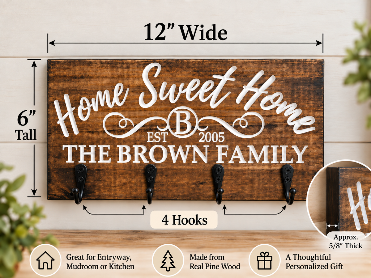 Key rack dimensions: 12 inches wide, 6 inches tall and approximately 5/8 inch thick