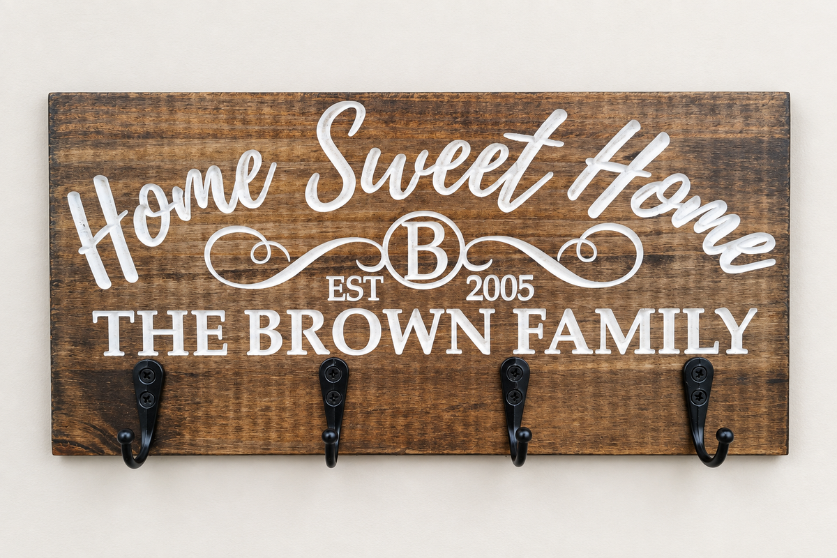Dark pine key rack with white carved family name lettering