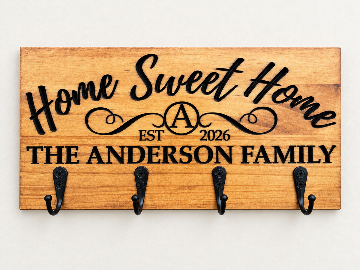 Light pine key rack with dark carved family name lettering