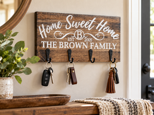 Dark pine personalized key holder in an entryway