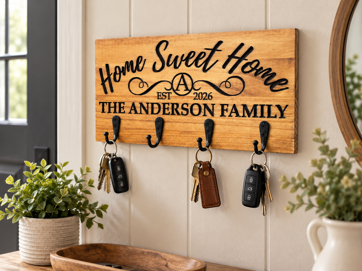 Light pine personalized key holder in an entryway
