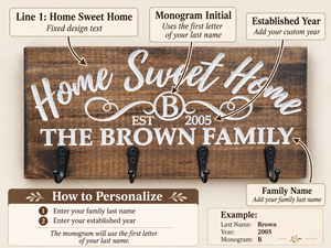 Personalization guide: family last name, monogram initial and established year
