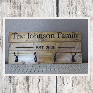 Personalized Family Name Coat Rack with Hooks – Custom Carved, Solid Wood Entryway Organizer