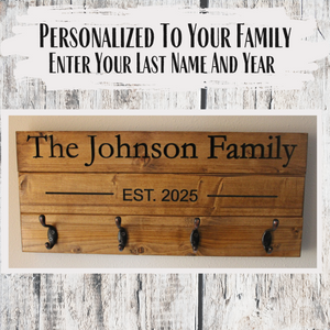 Personalized Family Name Coat Rack with Hooks – Custom Carved, Solid Wood Entryway Organizer