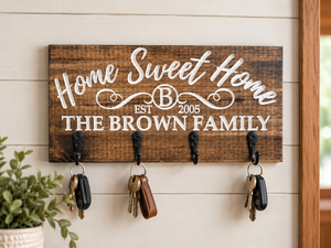 Personalized dark pine key holder with family monogram, established year and four black hooks