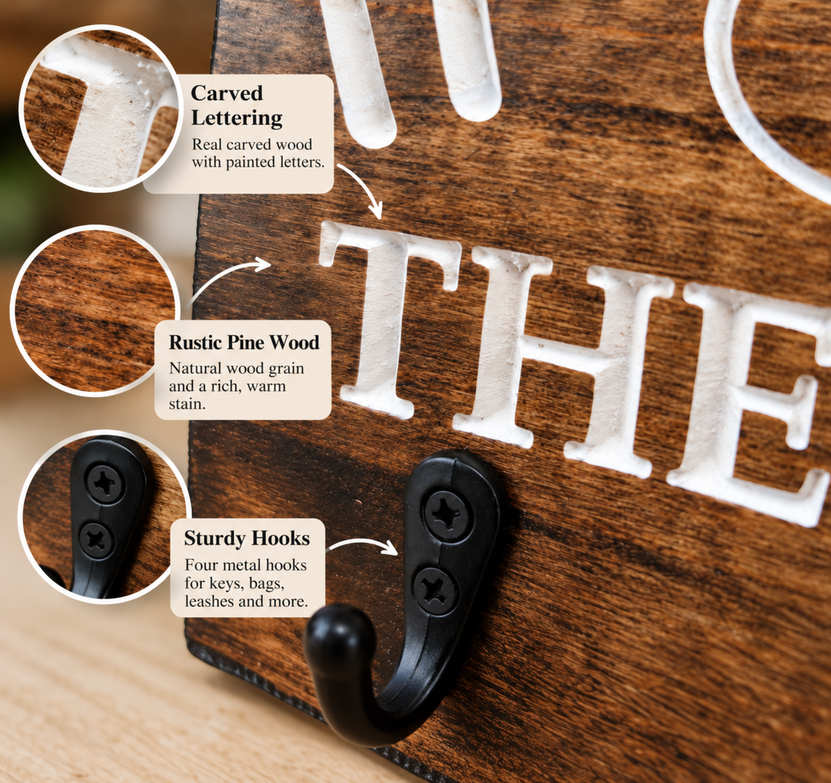 Close-up of carved and painted lettering, pine grain and black metal hooks