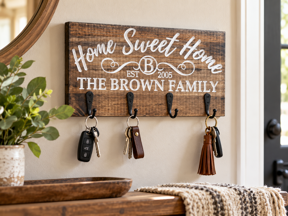 Dark pine personalized key holder in an entryway